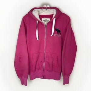 Abercrombie Fitch Pink Zip Hoodie Womens L Y2K Spellout Logo Distressed *Flaws